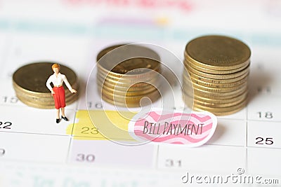 Saving money for bill payment concept. Holidays money savings concept. coin and bill payment. Collecting money in coin stack for Stock Photo