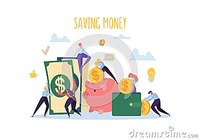 Saving Money Finance Concept. Flat People Characters Collect Money. Piggy Bank, Wealth, Budget, Earnings Vector Illustration