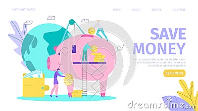 Saving money, finance and investment, cash landing page vector illustration. Piggy bank, coins, dollar banknotes Vector Illustration