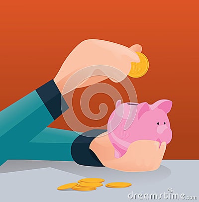 Saving money for future investment concept, Man putting coin in piggy bank Vector Illustration