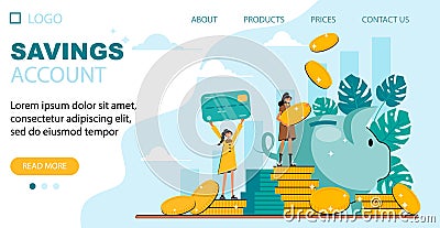 Saving money landing page - illustration with small pretty women, piggy bank, credit card. Vector Illustration