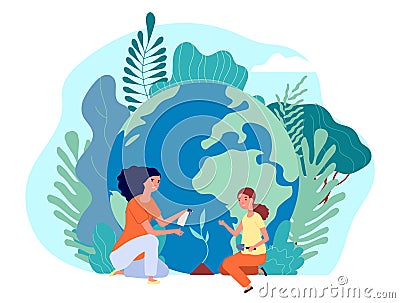 Saving planet. Environment day, ecology woman and girl planting tree. Earth, happy green world. People with sprout Vector Illustration