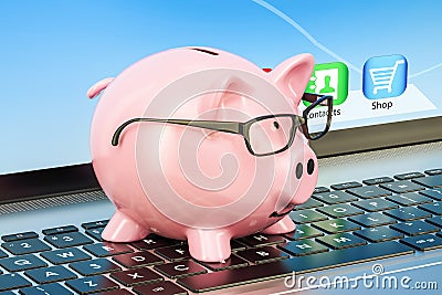 Savings concept, piggy bank on laptop keyboard. 3D rendering Stock Photo