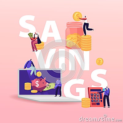 Savings Concept. Tiny Characters with Huge Piggy Bank, Calculator and Golden Coins Collect Money, Bank Deposit, Wealth Vector Illustration