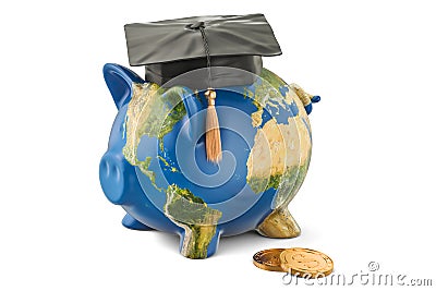 Savings for education concept. Piggy bank with map of Earth, 3D Stock Photo