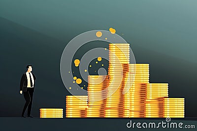 Savings and Investment Returns: Charting Growth and Wealth with a Businessman and Coin Stack Stock Photo