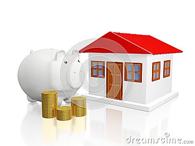 Savings Piggy Bank Gold Coins and House Cartoon Illustration