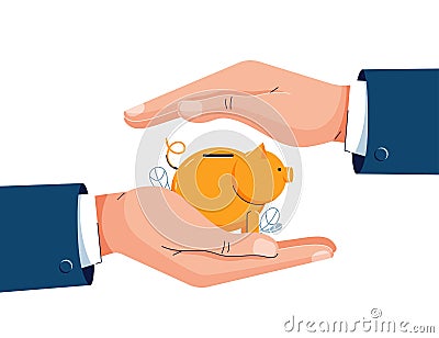 Savings protection vector illustration. Businessman is holding hands over the piggy bank to protect. Money protection Vector Illustration