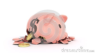 Savings spending comcept pink ceramic piggy bank completely broken up into several large pieces money inside 3d render on white Stock Photo