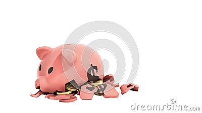 savings spending comcept pink ceramic piggy bank completely broken up into several large pieces money inside 3d render on white no Stock Photo