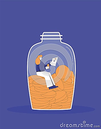 Savings. Woman with moneys itting in moneybox. Young female character in jar of coins. Vector line art illustration Vector Illustration