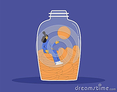 Savings. Woman with moneys itting in moneybox. Young female character in jar of coins. Vector line art illustration Vector Illustration