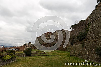 Savona, Italy. Panoramic view of the mighty walls of the Priamar fortress built in 1542 to defend access to the port. Editorial Stock Photo
