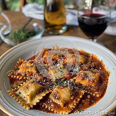 Delicious Plate of Ravioli in Rich Tomato Sauce Served with Red Wine. A Tasty and Elegant Italian Dish Ready to Enjoy Stock Photo