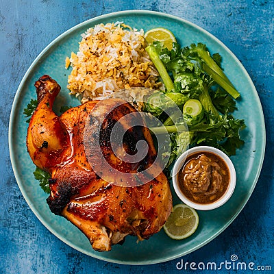 Savor a delicious chicken BBQ feast on a vibrant plate Stock Photo