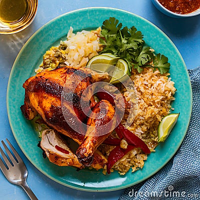 Savor a delicious chicken BBQ feast on a vibrant plate Stock Photo