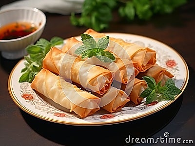 Indulge in Delicious Thai Spring Rolls - A Taste Sensation on Your Plate! Stock Photo