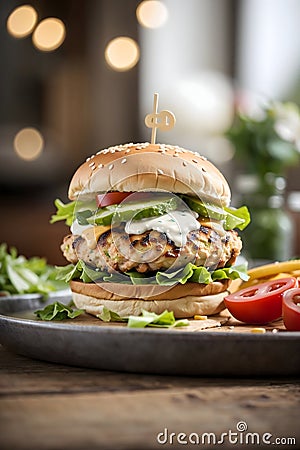 Tasty Chicken Patty with Crispy Lettuce and Tomato Stock Photo