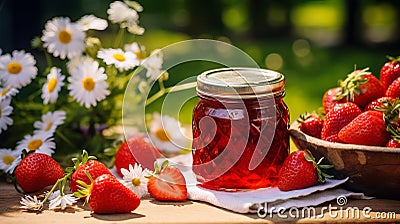 Summer Harvest Delight: Glass of Homemade Strawberry Jam Outdoors Stock Photo