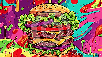 Savor the Flavor Vibrant Pop Art Burger Bonanza Stock Photo