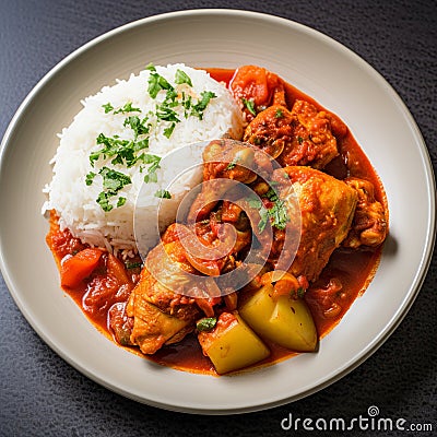 Pollo Guisado: Rich Tomato-Based Chicken Stew with Rice or Arepas Stock Photo
