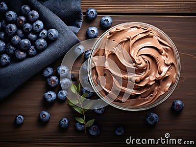 Indulgent Chocolate Whipped Cream Dessert with Fresh Blueberries: A Heavenly Treat! Stock Photo