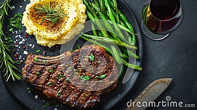 Delicious Dining: Vibrant Colors and Appetizing Sizzling Steak Top View Stock Photo