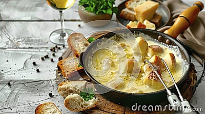 Savoring Delicious Fondue Cheese Paired with Fresh Bread and White Wine Stock Photo