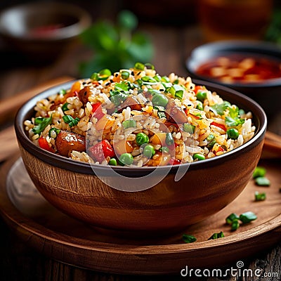 Savoring flavors Asian dish features rice, stir fried vegetables for dinner Stock Photo