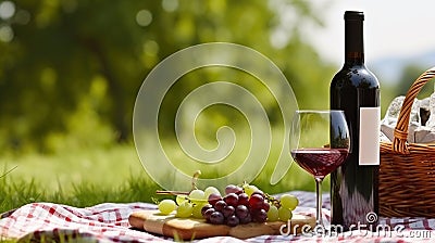 Savoring Life's Pleasures, Wine Enhances a Charming Picnic Setting Amidst Scenic Beauty. Generative AI Stock Photo