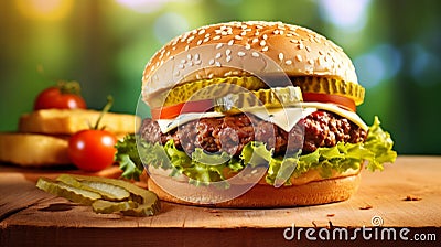 Savory beef burger, grilled to perfection, topped with cheese, lettuce, tomatoes, and a toasted bun Stock Photo