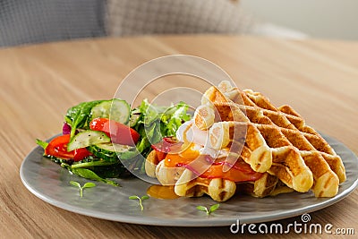 Savory Belgian waffles with egg poached, salmon and salad. eggs Stock Photo