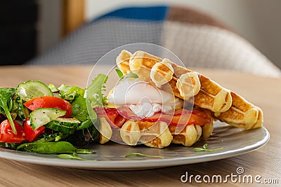 Savory Belgian waffles with egg poached, salmon and salad. eggs Stock Photo