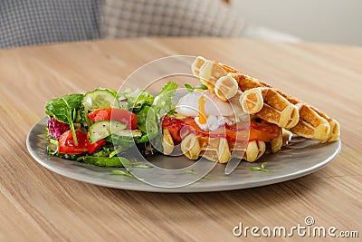 Savory Belgian waffles with egg poached, salmon and salad. eggs Stock Photo