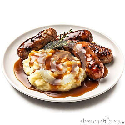 Savory British Bangers and Mash with Gravy on a Plate . Stock Photo