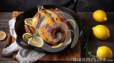 Savory Citrus Delight, Homemade Baked Chicken with Zesty Lemon on a Rustic Wooden Background. Generative AI Stock Photo