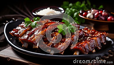 Savory close up of perfectly seasoned barbecue pork ribs, highlighting juicy slices of tender meat Stock Photo