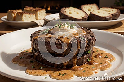 Savory Delight A Culinary Journey with Steak and Cheese.AI Generated Stock Photo