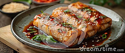 Savory Delight: Glazed Lumpia Rolls with Garnish. Concept Filipino Cuisine, Lumpia Appetizers, Stock Photo