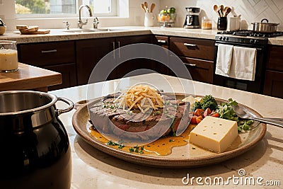 Savory Delight Organic Steak Dish with Melted Cheese.AI Generated Stock Photo