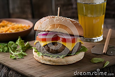 Savory grilled beef burger topped with cheese, tomato, and onion Stock Photo