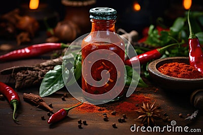 Savory Heat Presentation: An enticing composition showcases a bottle of fiery sauce resting on a textured wooden Stock Photo