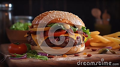 Savory indulgence, Mouthwatering burger and crispy French fries. Stock Photo