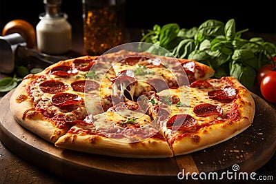 A savory Italian pizza, enhancing the restaurant background for diners Stock Photo