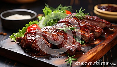 Savory and juicy roasted sliced barbecue pork ribs close up, mouthwatering sliced meat Stock Photo