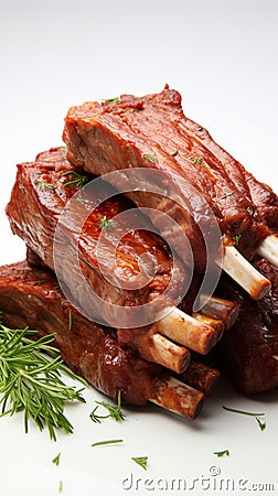 Savory lamb ribs stand out on a clean white background, enticingly appetizing Stock Photo