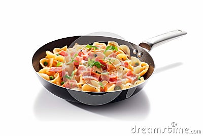 Savory Pasta Medley: Skillet Tossing with Diced Ham Creates a Flavorful Fusion on White Background Stock Photo