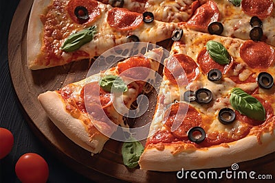 Savory slice Close up view of delicious pepperoni pizza on wood Stock Photo