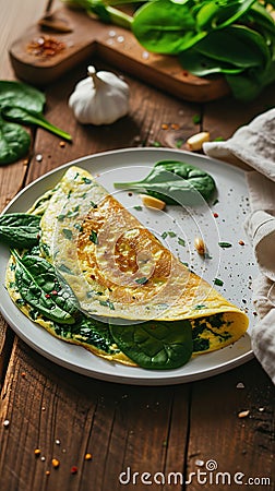 Savory spinach omelette garnished with parsley, AI Generated. Stock Photo