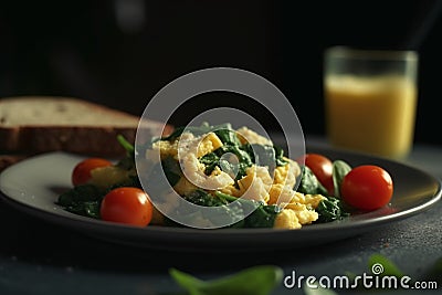 Savory spinach scrambled eggs on a dark plate Stock Photo